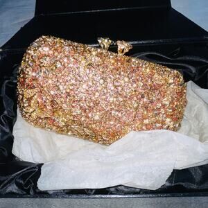 Fawziya Floret Kiss Evening Bag - Champagne Color - Rhinestone Clutch - NWB